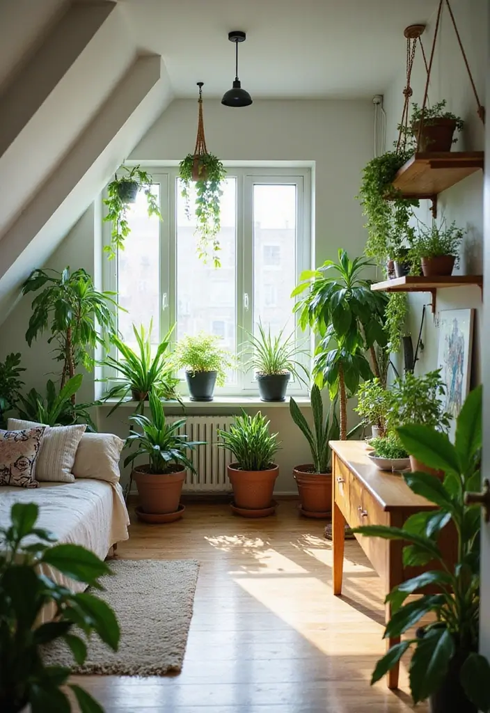 29 Slanted Ceiling Bedroom Ideas That Maximize Style and Space - 13. Incorporating Plants for Fresh Air