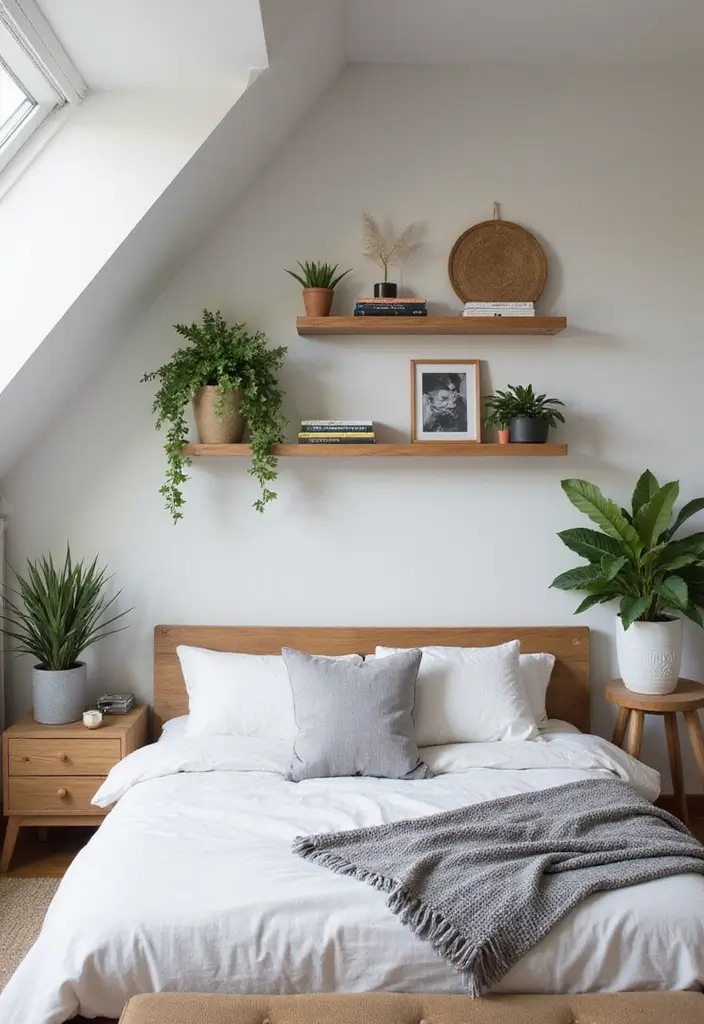 29 Slanted Ceiling Bedroom Ideas That Maximize Style and Space - 15. Floating Shelves for Displaying Decor