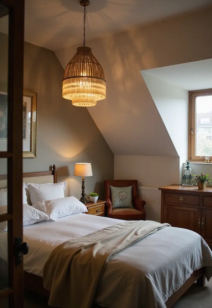 29 Slanted Ceiling Bedroom Ideas That Maximize Style and Space - 18. Statement Lighting Fixtures