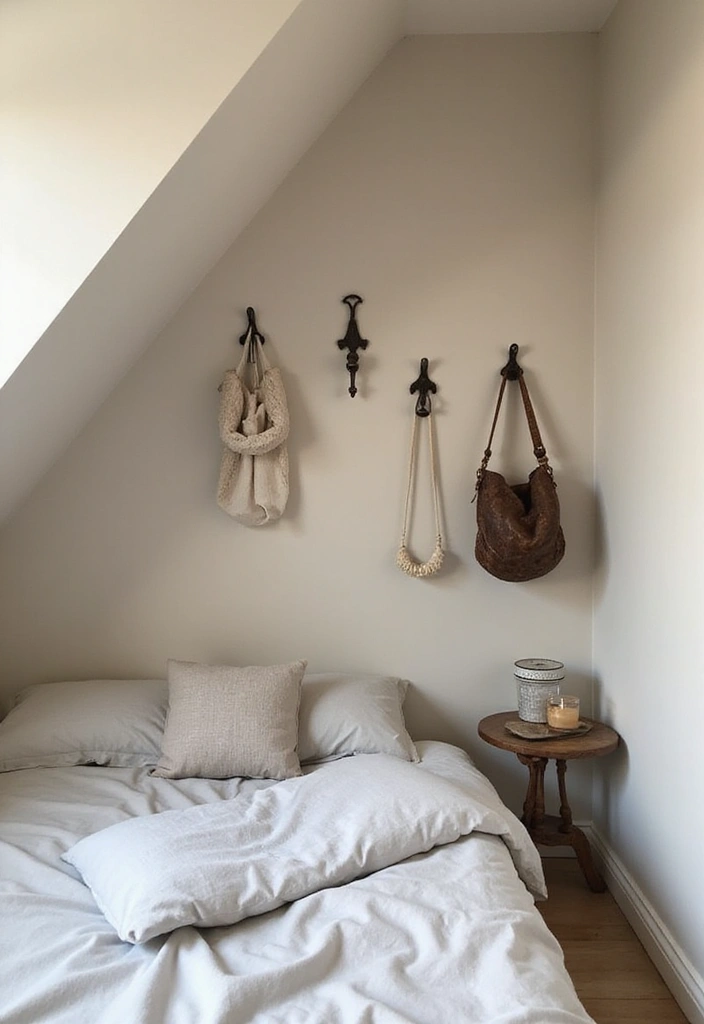 29 Slanted Ceiling Bedroom Ideas That Maximize Style and Space - 26. Functional Wall Hooks for Accessories
