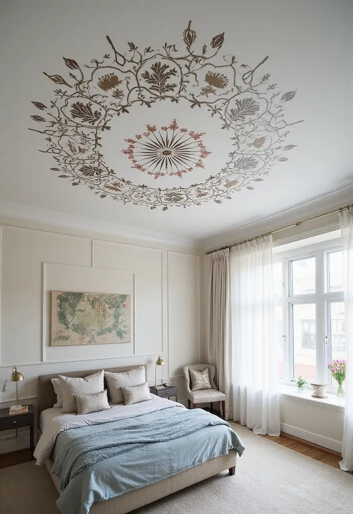 30 Bedroom Ceiling Ideas That Complete the Look - 27. Stenciled Ceiling Art