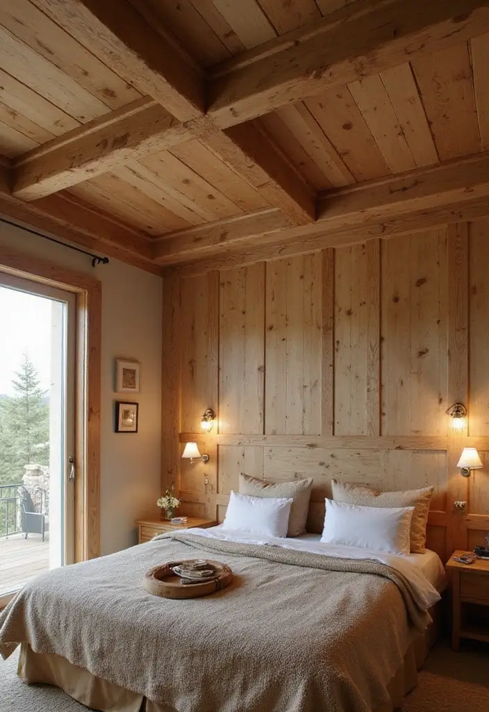 30 False Ceiling Bedroom Designs That Glow With Personality - 1. Natural Wood Panels for Rustic Charm