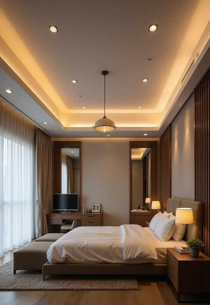 30 False Ceiling Bedroom Designs That Glow With Personality - 10. Layered Lighting Effects for Versatility