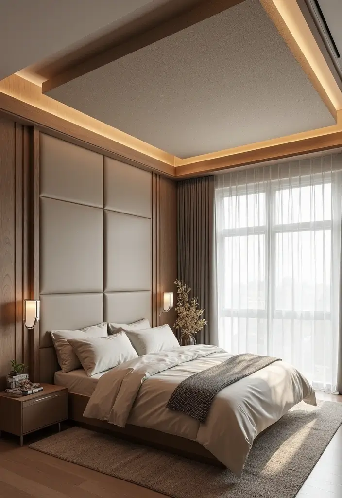 30 False Ceiling Bedroom Designs That Glow With Personality - 14. Eco-Friendly Acoustic Panels for Comfort