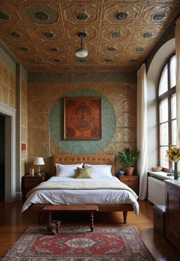 30 False Ceiling Bedroom Designs That Glow With Personality - 16. Vintage Tin Tiles for a Retro Aesthetic