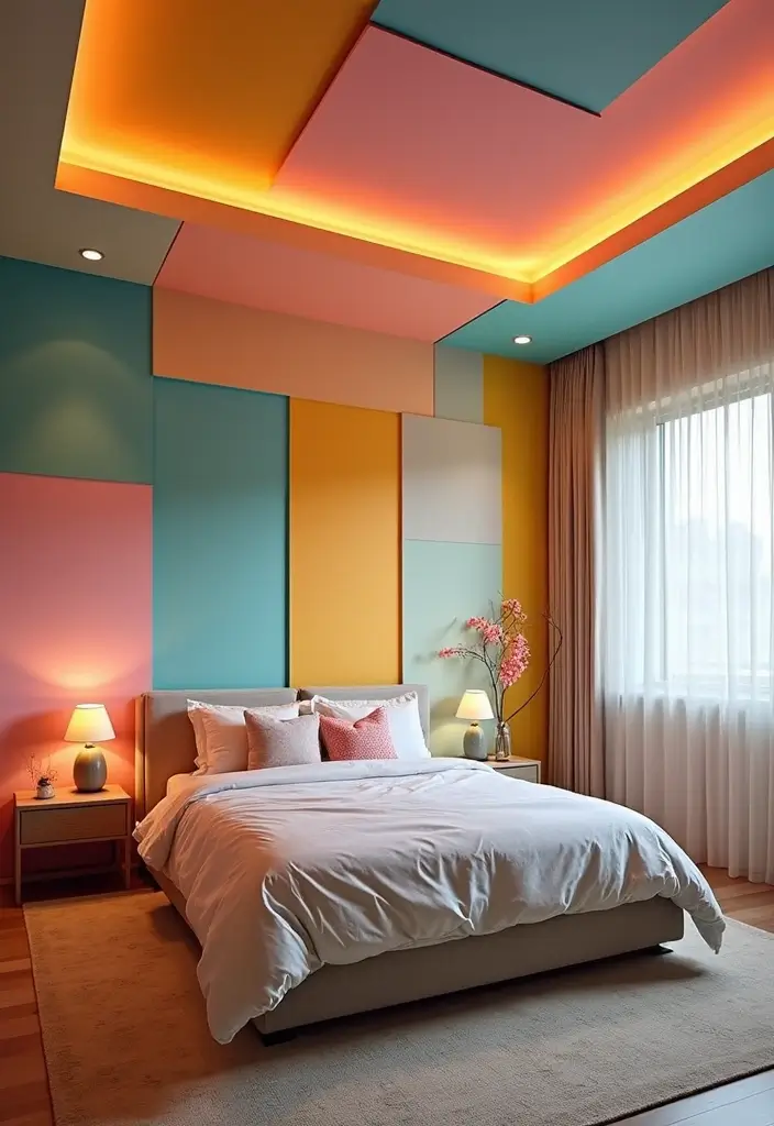 30 False Ceiling Bedroom Designs That Glow With Personality - 18. Colorful Panels for a Fun Twist