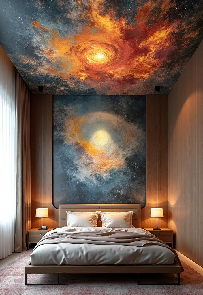 30 False Ceiling Bedroom Designs That Glow With Personality - 19. Integrated Artwork for a Unique Focal Point