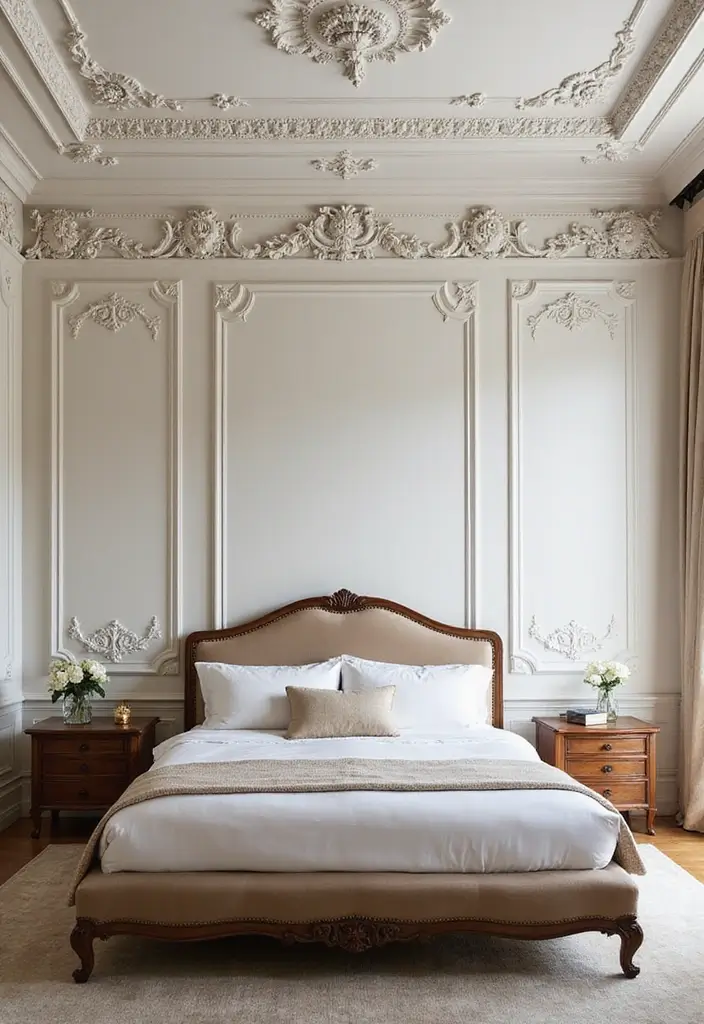 30 False Ceiling Bedroom Designs That Glow With Personality - 22. Artistic Plaster Designs for a Timeless Appeal