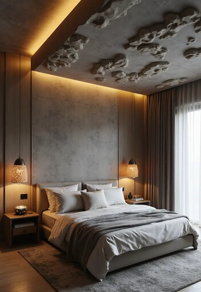 30 False Ceiling Bedroom Designs That Glow With Personality - 24. Innovative 3D Panels for a Dramatic Effect
