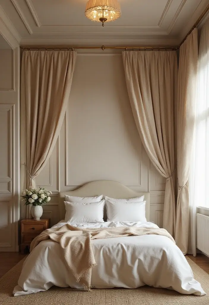 30 False Ceiling Bedroom Designs That Glow With Personality - 25. Soft Ceiling Draperies for a Cozy Touch