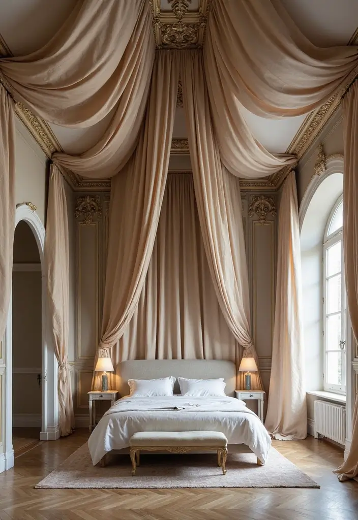 30 False Ceiling Bedroom Designs That Glow With Personality - 27. Luxurious Fabric Canopies for a Grand Look