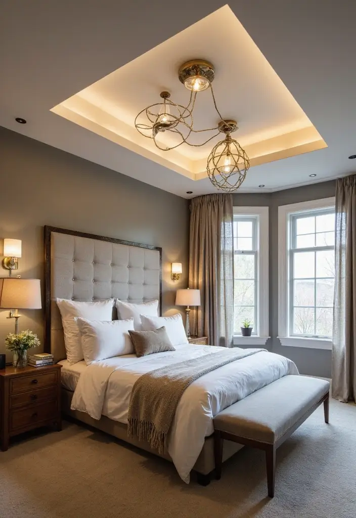 30 False Ceiling Bedroom Designs That Glow With Personality - 30. Custom Light Fixtures for a Unique Statement