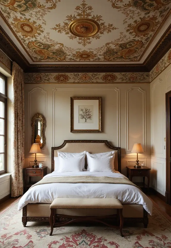 30 False Ceiling Bedroom Designs That Glow With Personality - 9. Vintage Glamour with Chinoiserie Patterns