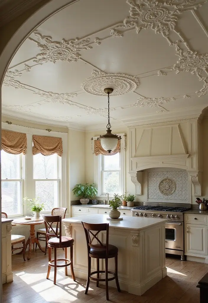 30 Kitchen Ceiling Ideas That Transform Everyday Cooking - 17. Vintage Ceiling Plaster