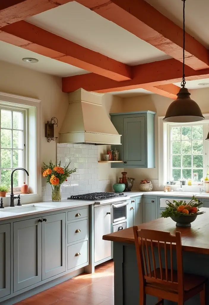 30 Kitchen Ceiling Ideas That Transform Everyday Cooking - 18. Colorful Painted Beams
