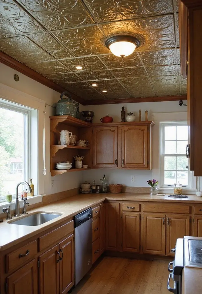 30 Kitchen Ceiling Ideas That Transform Everyday Cooking - 4. Farmhouse Tin Tiles