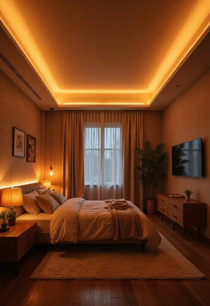 30 Latest Fall Ceiling Designs for Bedroom That Shine - 29. Warm LED Strip Lighting