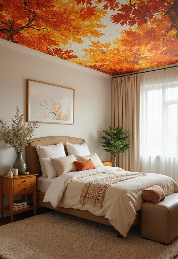 30 Latest Fall Ceiling Designs for Bedroom That Shine - 3. Autumn-Themed Wallpaper Ceilings