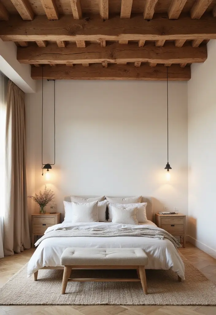 30 Modern Ceiling Designs for Bedroom That Elevate Sleep Spaces - 1. Eco-Friendly Wooden Beams