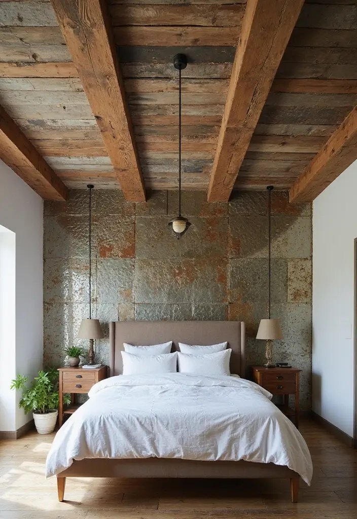 30 Modern Ceiling Designs for Bedroom That Elevate Sleep Spaces - 10. Reclaimed Materials