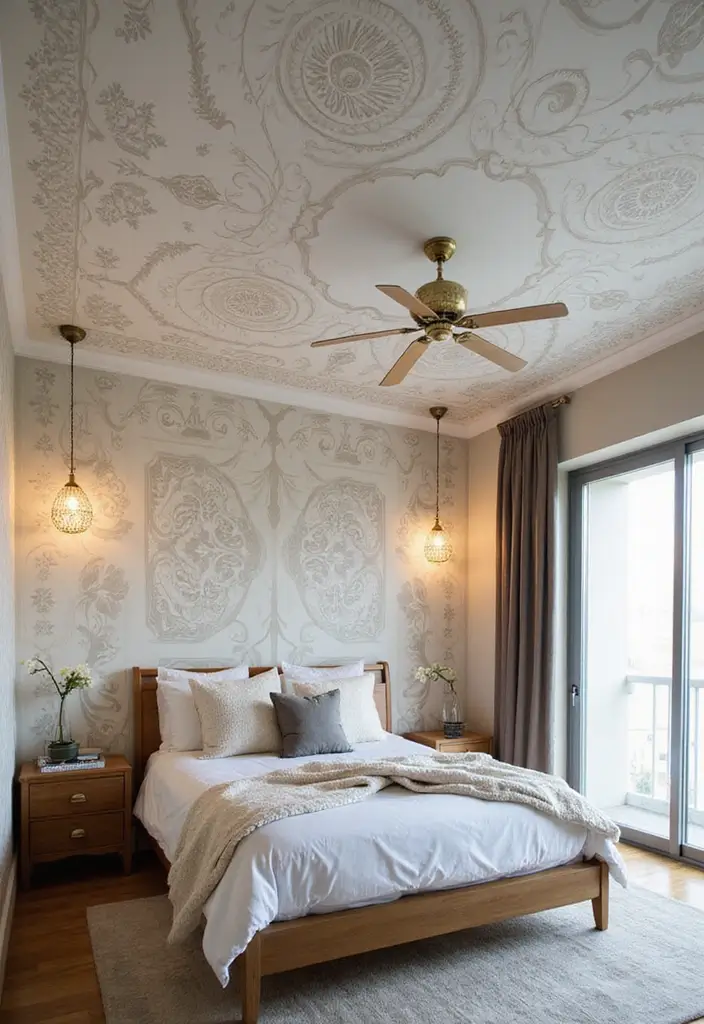 30 Modern Ceiling Designs for Bedroom That Elevate Sleep Spaces - 17. Stenciled Patterns