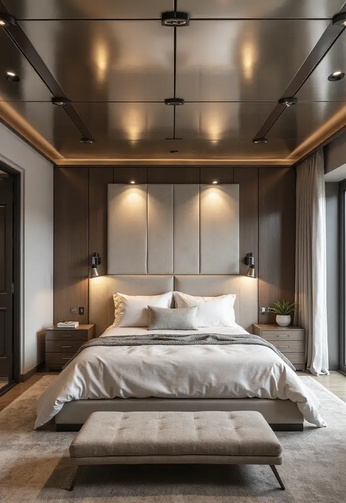 30 Modern Ceiling Designs for Bedroom That Elevate Sleep Spaces - 20. Sleek Metal Finishes