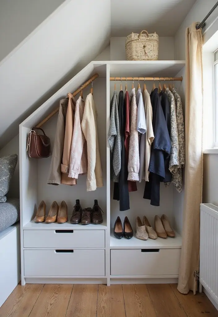 30 Slanted Ceiling Closet Ideas That Maximize Storage - 13. Creative Clothing Rods