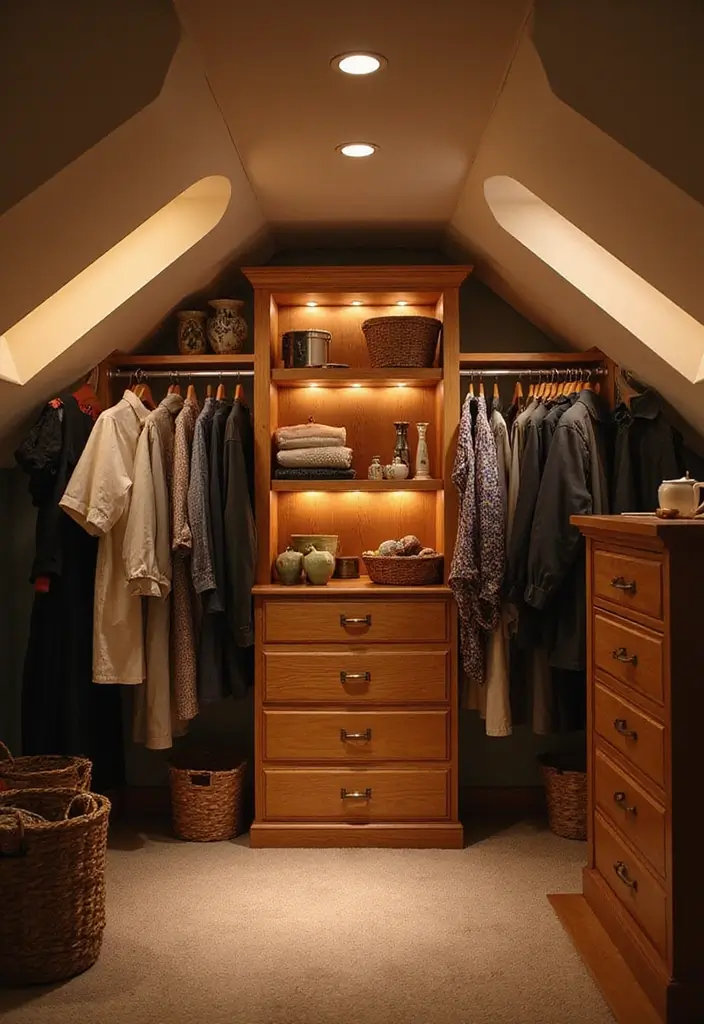 30 Slanted Ceiling Closet Ideas That Maximize Storage - 21. Incorporate Accent Lighting