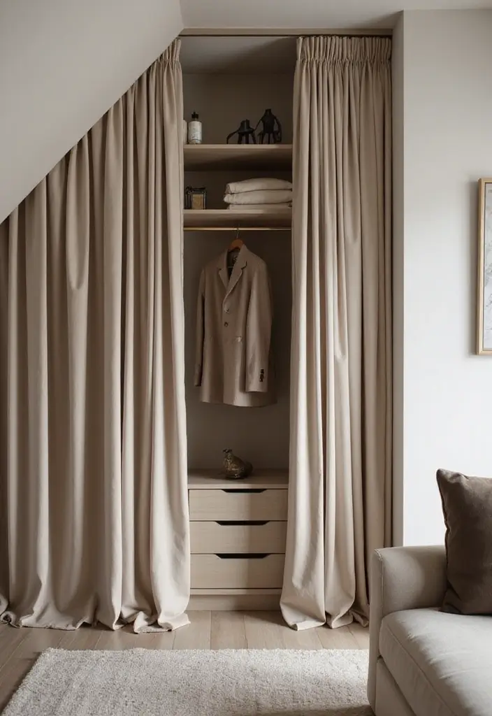 30 Slanted Ceiling Closet Ideas That Maximize Storage - 5. Create a Wardrobe with Curtains