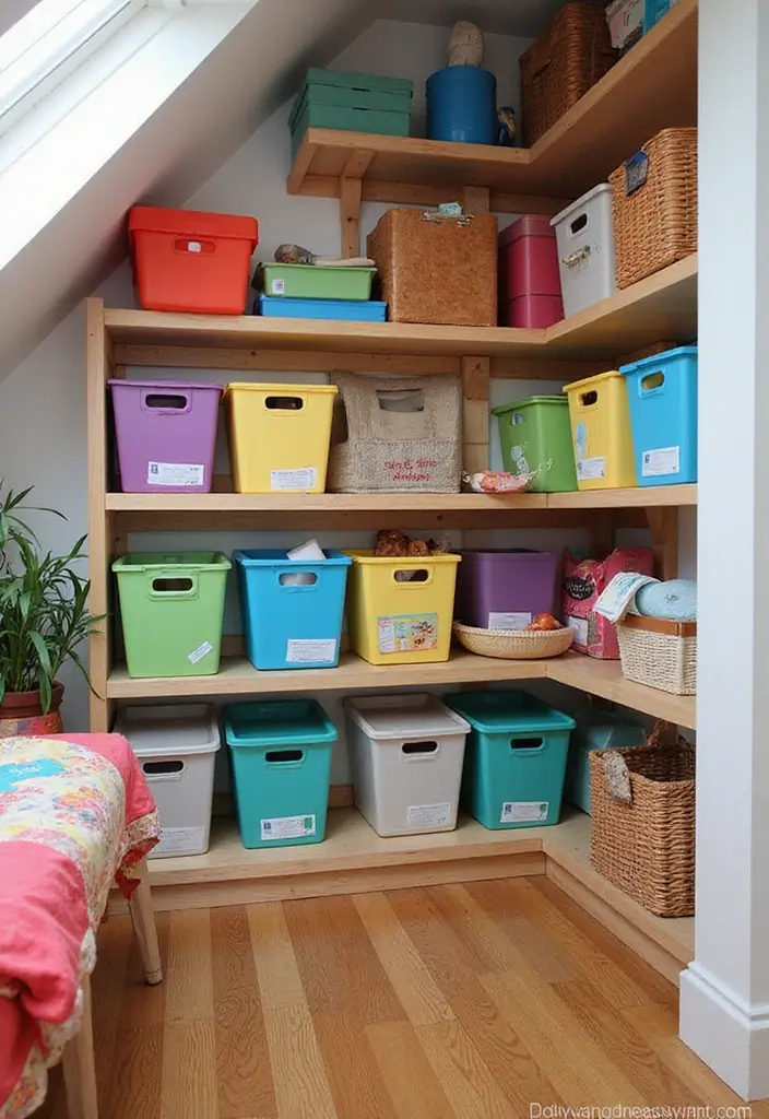 30 Slanted Ceiling Closet Ideas That Maximize Storage - 8. Colorful Storage Bins