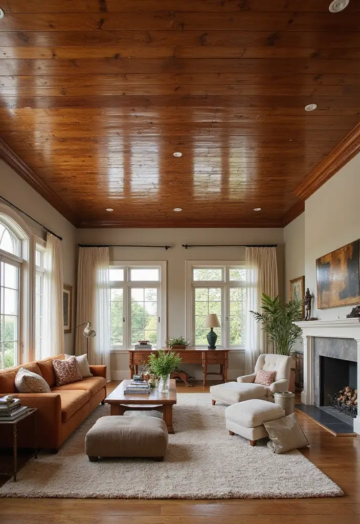 30 Wood on Ceiling Ideas That Add Natural Warmth - 14. Stained Wood with Glossy Finish
