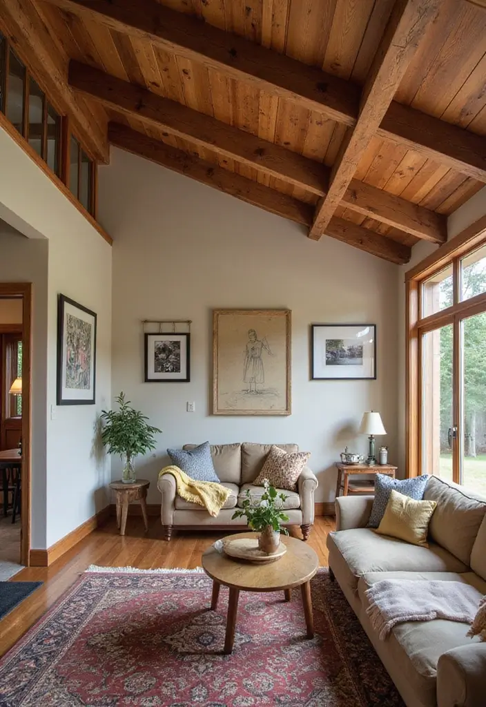 30 Wood on Ceiling Ideas That Add Natural Warmth - 21. Rustic Wood Ceiling with Wall Art