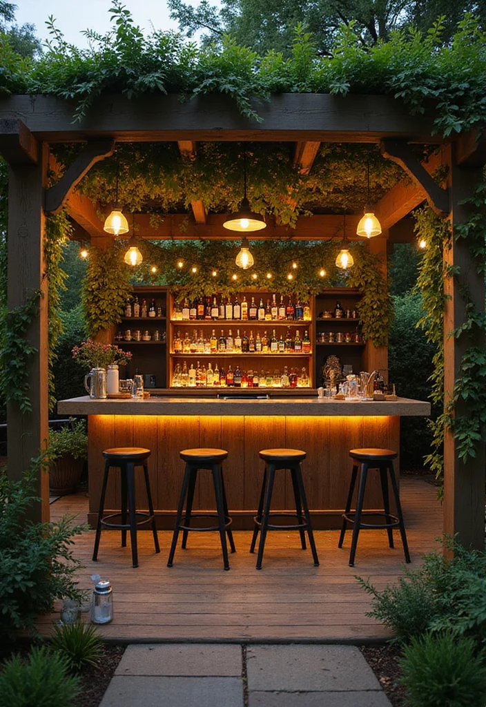 12 Backyard Bar Ideas for Simple Social Outdoor Fun 4. Garden Bar with Pergola