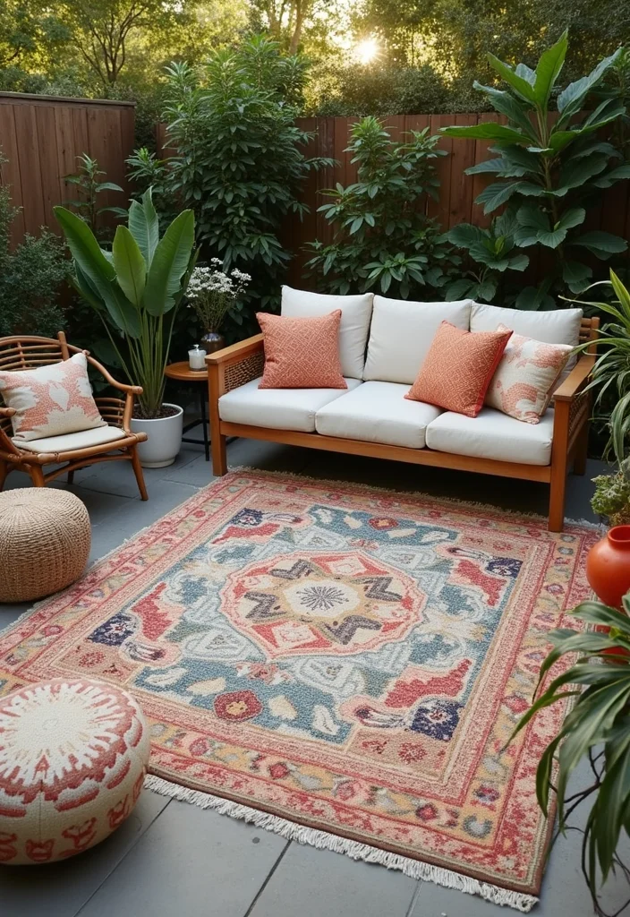 12 Backyard Ideas for Renters That Add Style Without Damage 4. Outdoor Rugs for Comfort and Style
