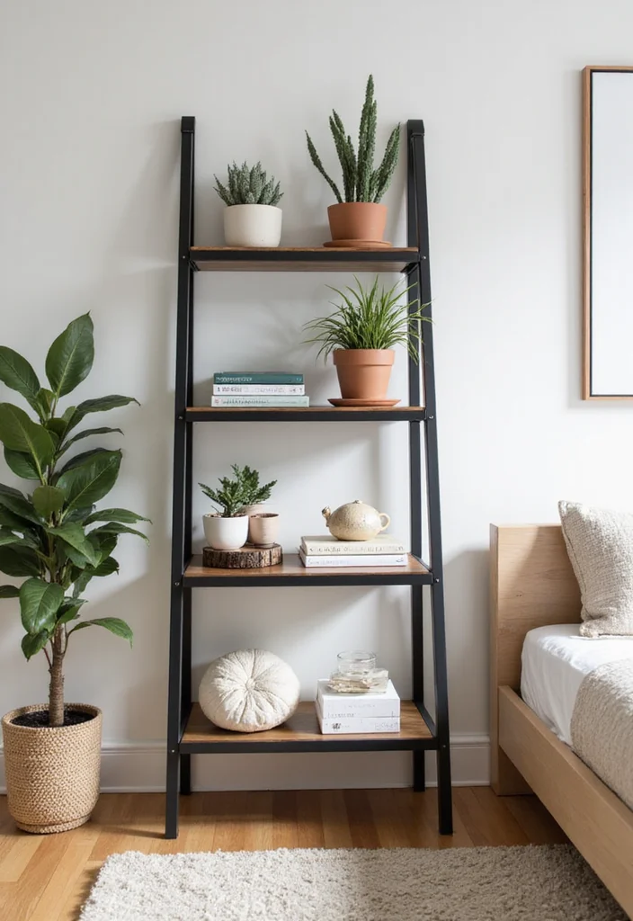 12 Bedroom Table Ideas for Practical Everyday Use 4. Ladder Shelf Table Combo