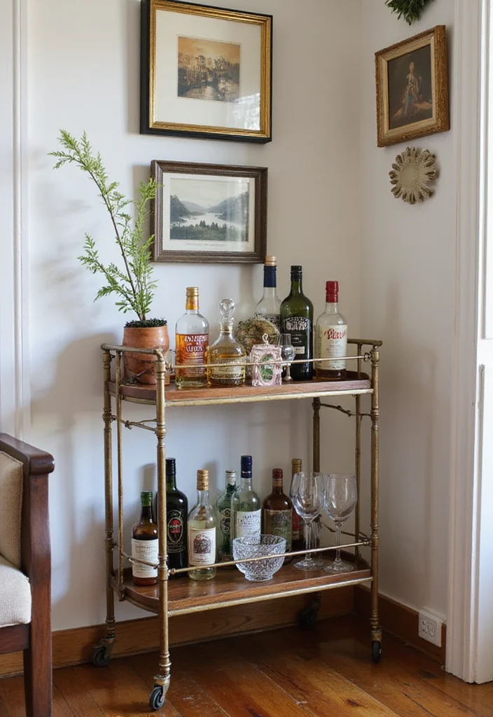 12 Living Room Corner Ideas for Smart Space Use 7. Stylish Bar Cart