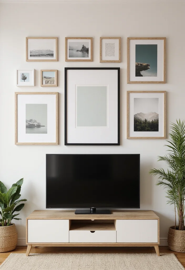 12 TV Wall Ideas Living Room for Clean Organized Layouts 3. Gallery Wall with TV as the Focal Point