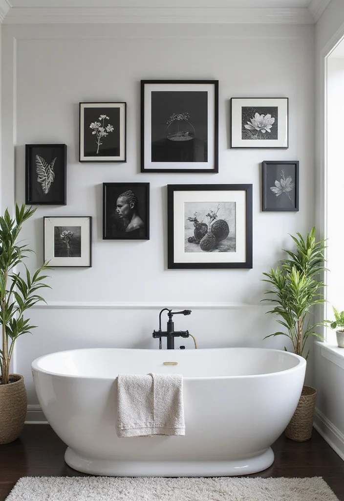 14 Bathroom Ideas Black for Bold Modern Depth and Style 14. Black Wall Art for a Personal Touch