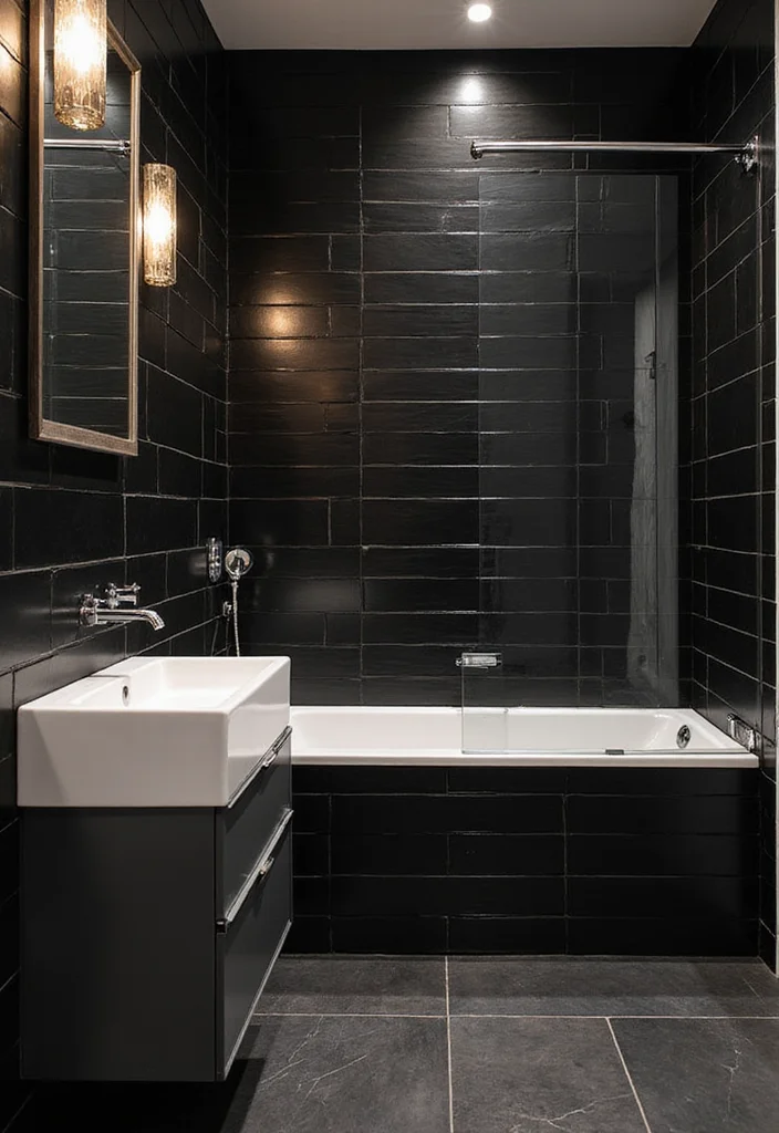 14 Bathroom Ideas Black for Bold Modern Depth and Style 3. Bold Black Wall Tiles