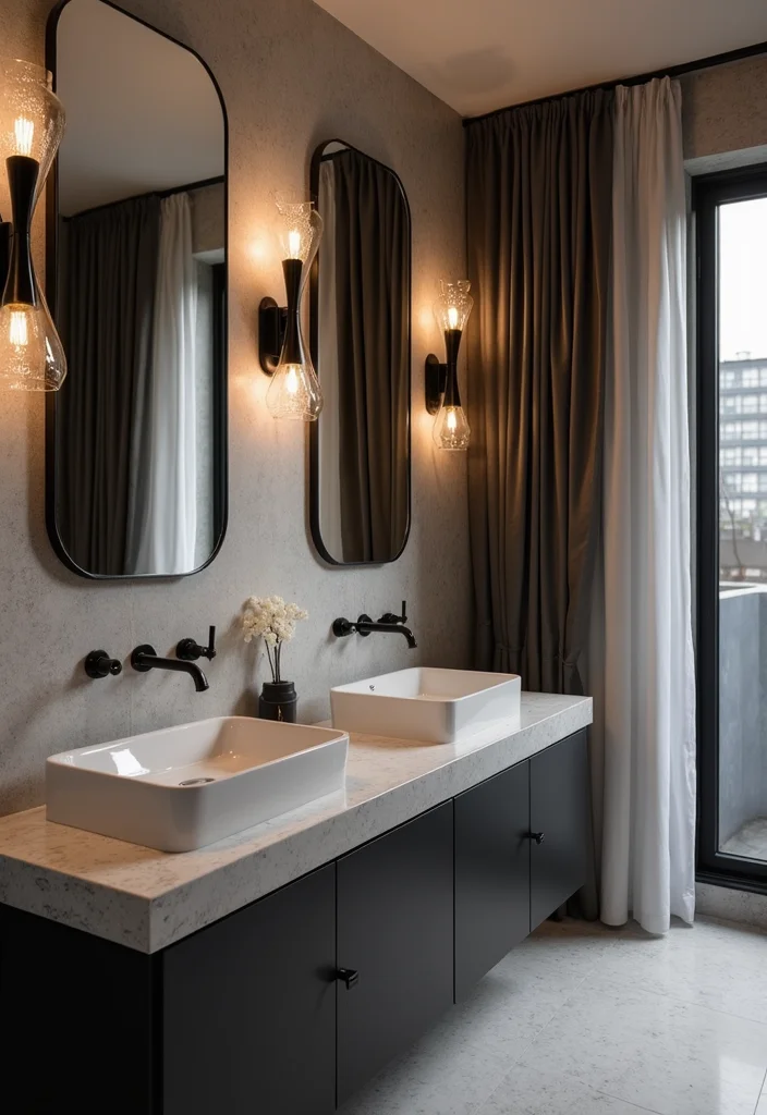 14 Bathroom Ideas Black for Bold Modern Depth and Style 9. Statement Lighting Fixtures