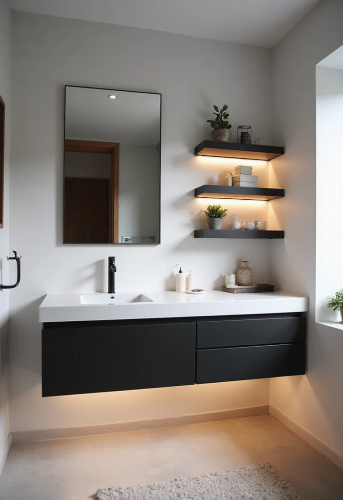 14 Black and White Bathroom Ideas for Clean Modern Contrast 3. Minimalist Floating Vanity