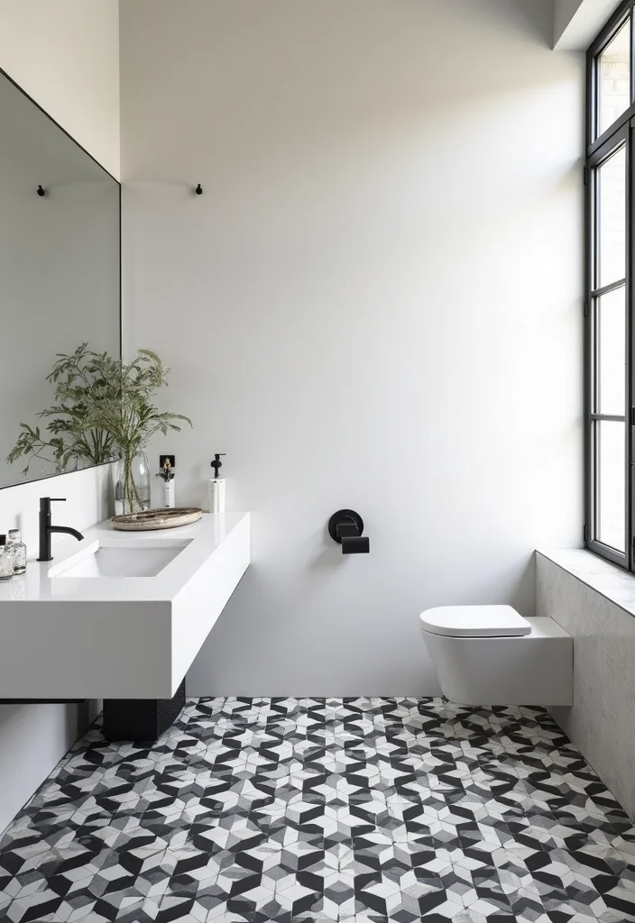 14 Black and White Bathroom Ideas for Clean Modern Contrast 4. Bold Geometric Patterns