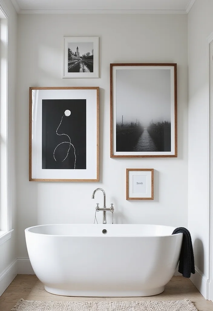 14 Black and White Bathroom Ideas for Clean Modern Contrast 9. Artistic Wall Dcor