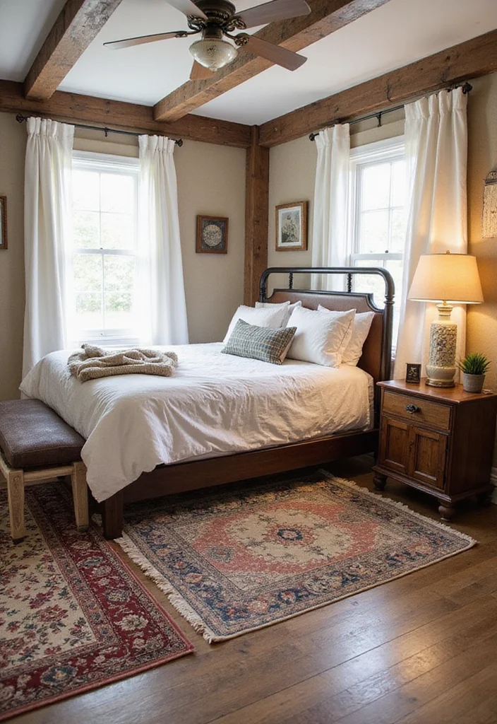 14 Farmhouse Bedroom Ideas for Warm Rustic Charm 11. Layered Rugs for Texture