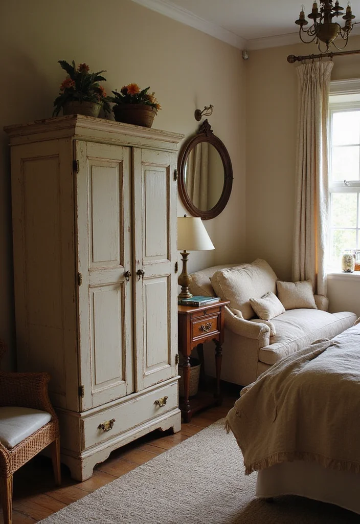 14 Farmhouse Bedroom Ideas for Warm Rustic Charm 2. Vintage Furniture Finds