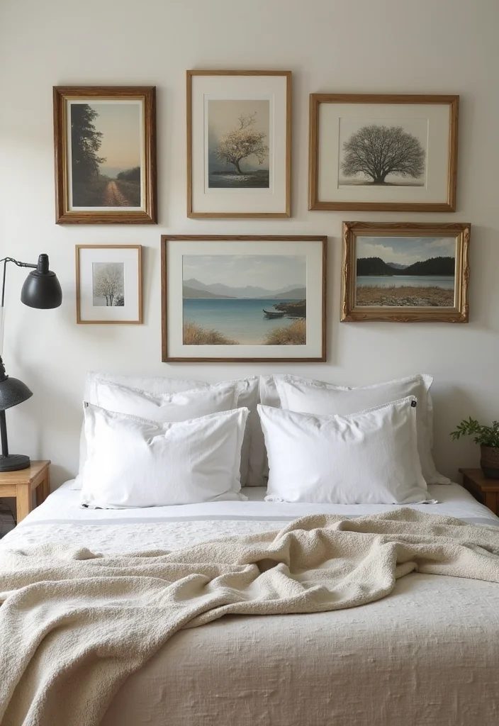 14 Farmhouse Bedroom Ideas for Warm Rustic Charm 6. Gallery Wall of Art