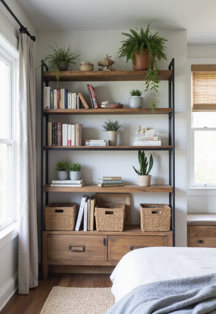 14 Farmhouse Bedroom Ideas for Warm Rustic Charm 7. Open Shelves for Storage and Style