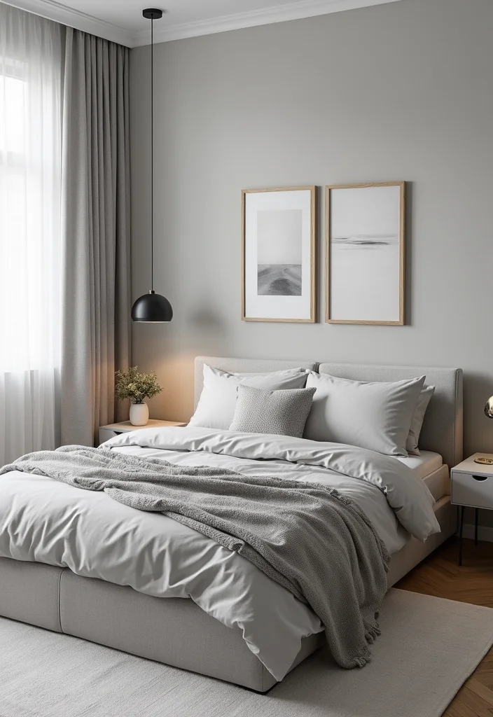 14 Gray Bedroom Ideas for Soft Neutral Comfort 10. Minimalist Artwork