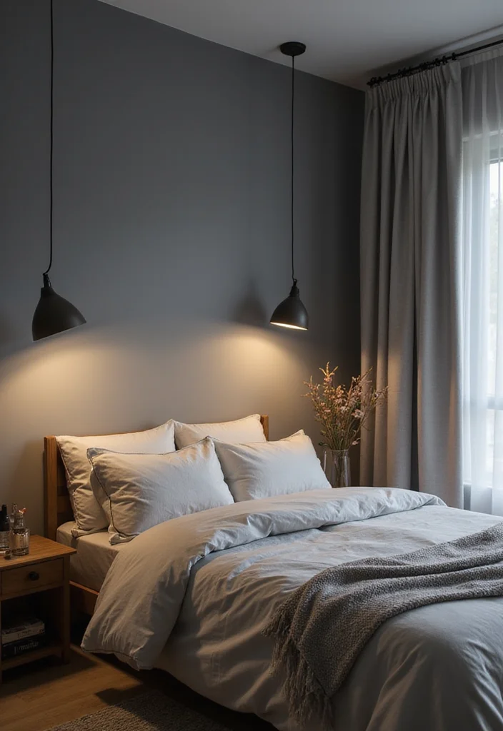 14 Gray Bedroom Ideas for Soft Neutral Comfort 7. Modern Lighting Fixtures