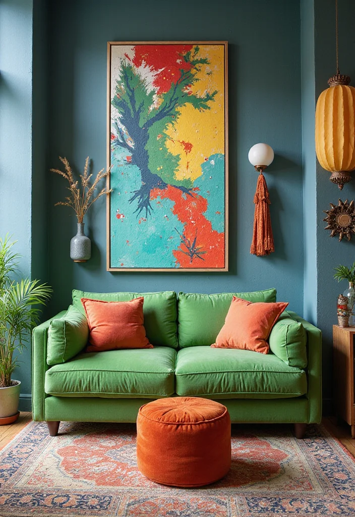 14 Green Sofa Living Room Ideas for Fresh Modern Color 12. Artistic Green Escape